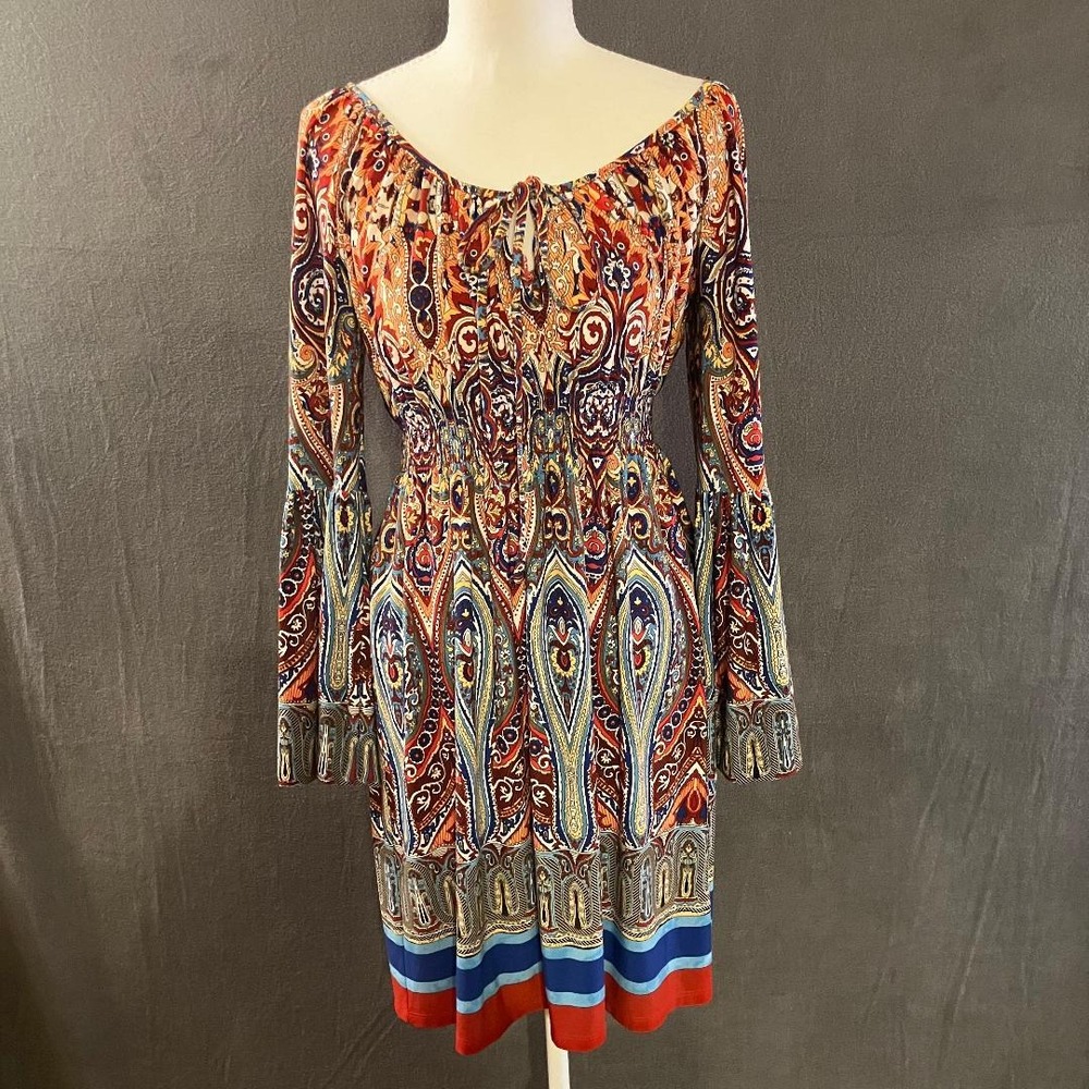 Boston Proper Mini Dress Paisley Boho Smocked Waist Bell Sleeve Multicolor 4
